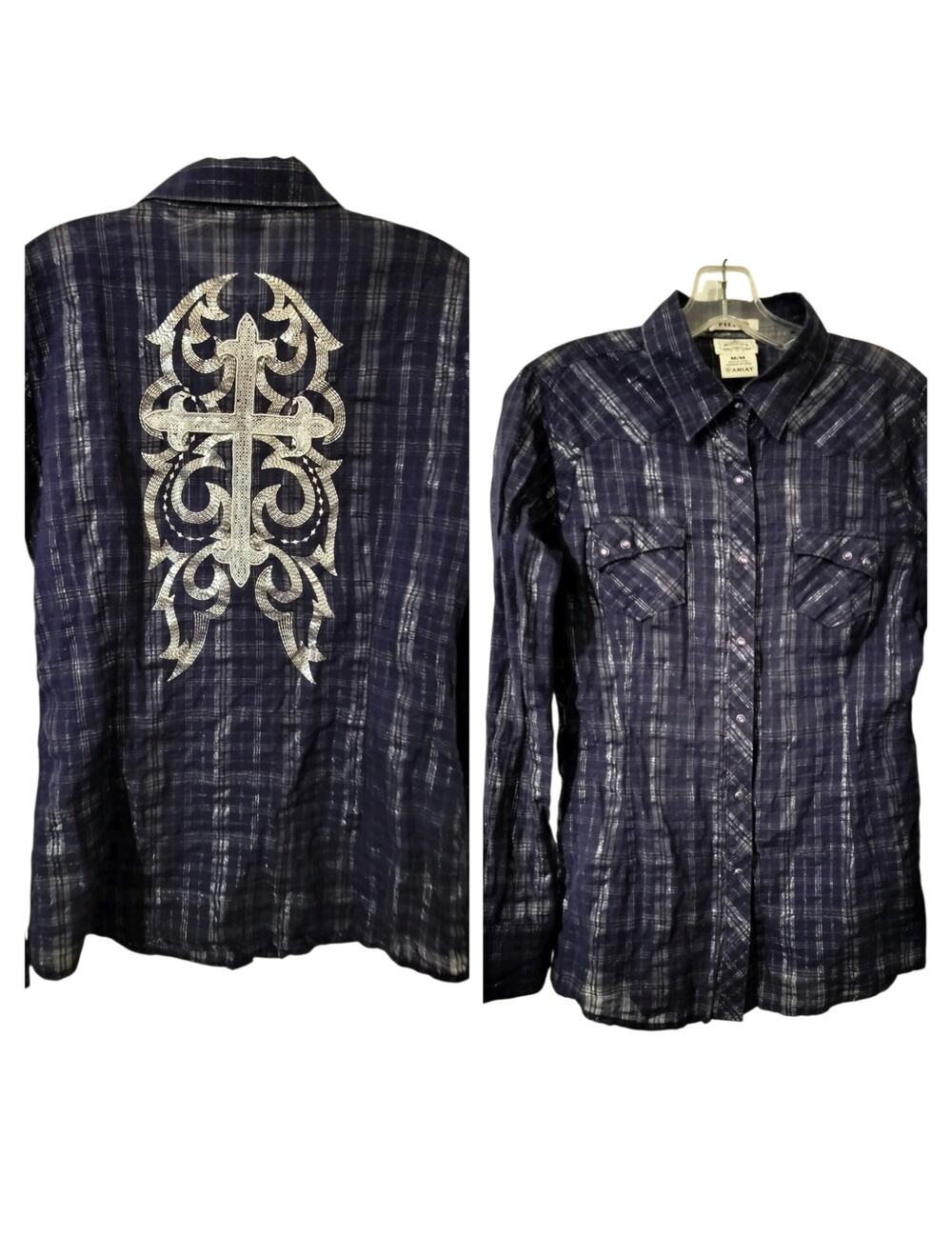 5984) Ariat Women M Fitted Western Snap Button Metallic Thread Goth Sequin Top